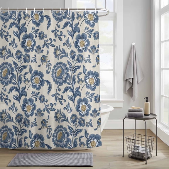 Bathroom Shower Curtain Watercolor Retro Blue Flower Leaves Waterproof Shower Curtains with Hooks, Rustic Floral on Burlap Bath Curtains Bathtub Curtain Home Decor 36x72in