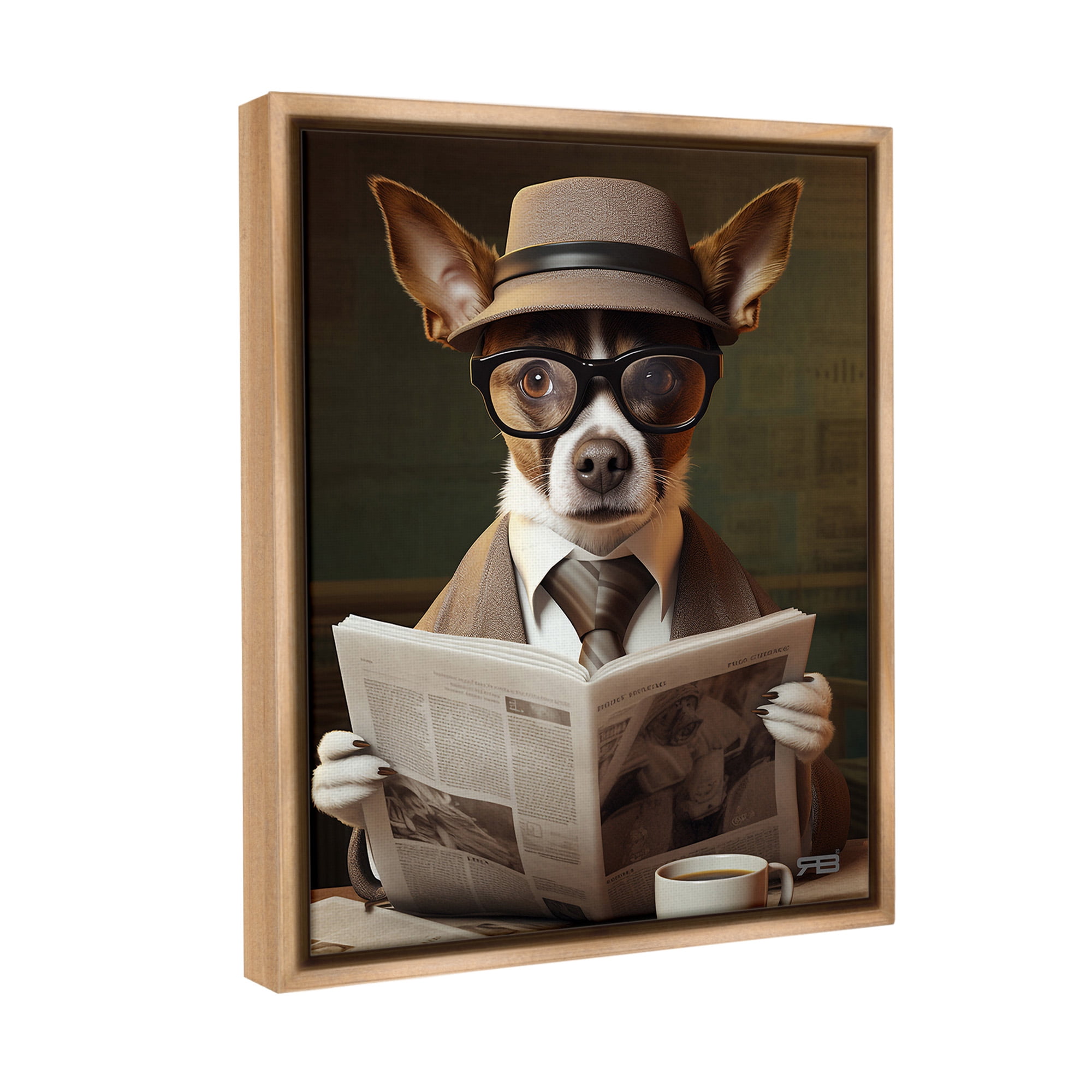 Stupell Industries Classy Dog with Newspaper Animals & Insects Painting Brown Floater Framed Canvas Art Print Wall Art, 17 x 21