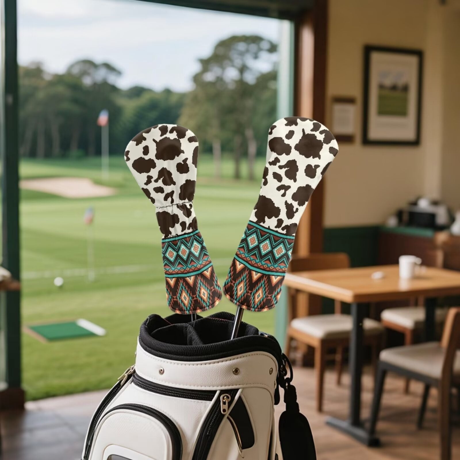Uorisanigo Golf Club Head Covers, 3Pcs Golf Club Headcovers Set with Soft Lining, Fairway Wood Head Cover, Aztec Cow Print Driver Headcover PU Waterproof Accessories Gift for Women Men