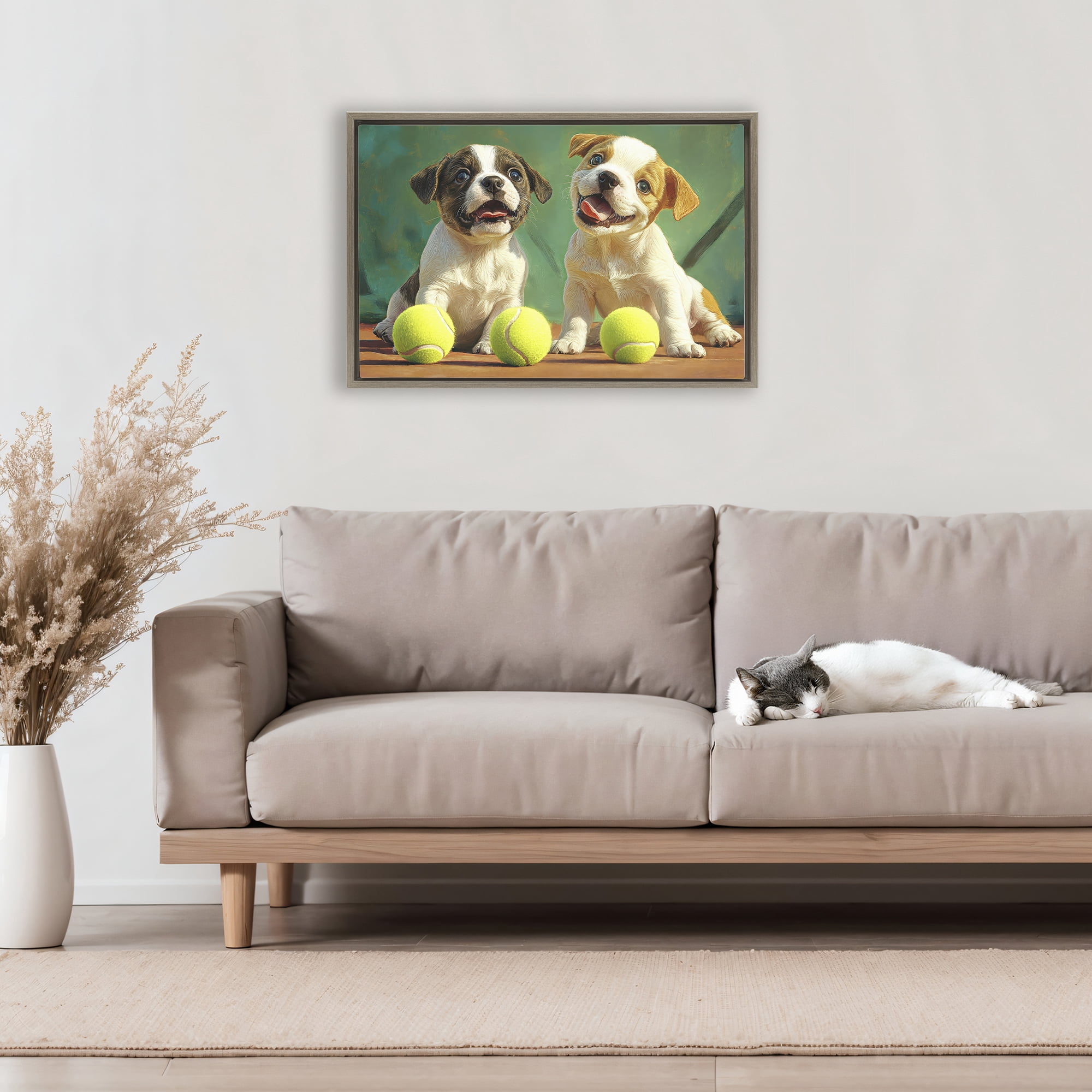 Stupell Industries Adorable Puppies with Tennis Balls Brown Framed Floater Canvas Wall Art, design by Imagine It Images