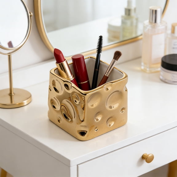 Decorative Ceramic Cheese Shaped Storage Jar, Elegant Desktop Organizer for Pens Cosmetics Jewelry, Stylish Home Office Decor, Unique Gift Idea for Friends Family Colleagues