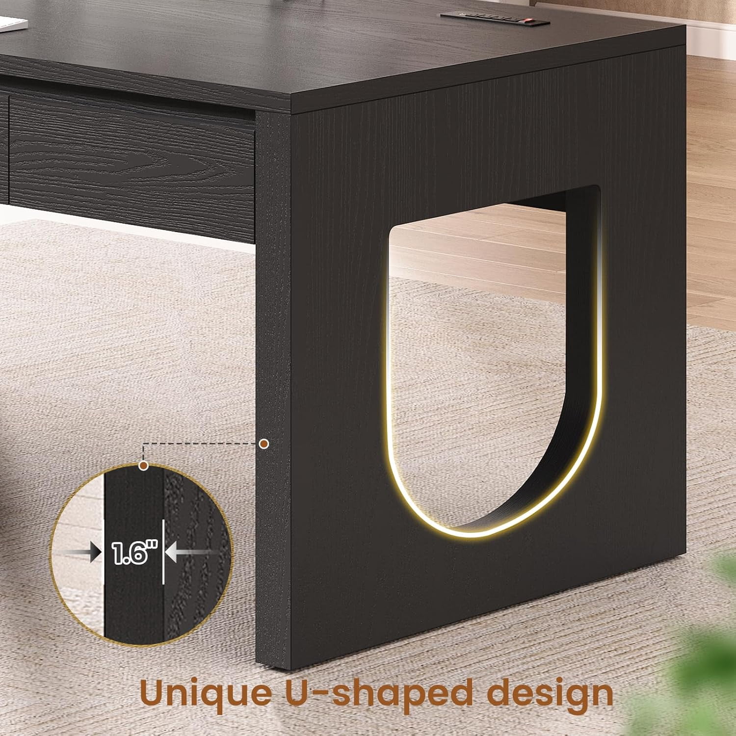 SEDETA 55" Executive Desk with 3 Drawers, Modern Office Desk with U-Shaped Legs, Wood Computer Desk with Power Outlet, Home Office Desks with Relief Texture, Black