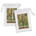 thumbnail image 1 of Tree Fabric Pouch Set of 2, Third Season of the Year in the Park Dead Leaves Autumn to Winter Seasonal Picture, Drawstring Bag for Toiletries Masks and Favors, 9" x 6", Green Yellow, by Ambesonne, 1 of 2