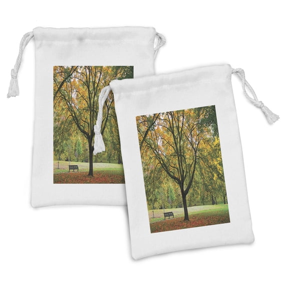 Tree Fabric Pouch Set of 2, Third Season of the Year in the Park Dead Leaves Autumn to Winter Seasonal Picture, Drawstring Bag for Toiletries Masks and Favors, 9" x 6", Green Yellow, by Ambesonne