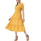 thumbnail image 4 of Vestido midi bohemio INSPIRE CHIC para mujeres con escote cuadrado, mangas cortas, vestido de capas fluido y fruncido, amarillo XL, 4 of 6