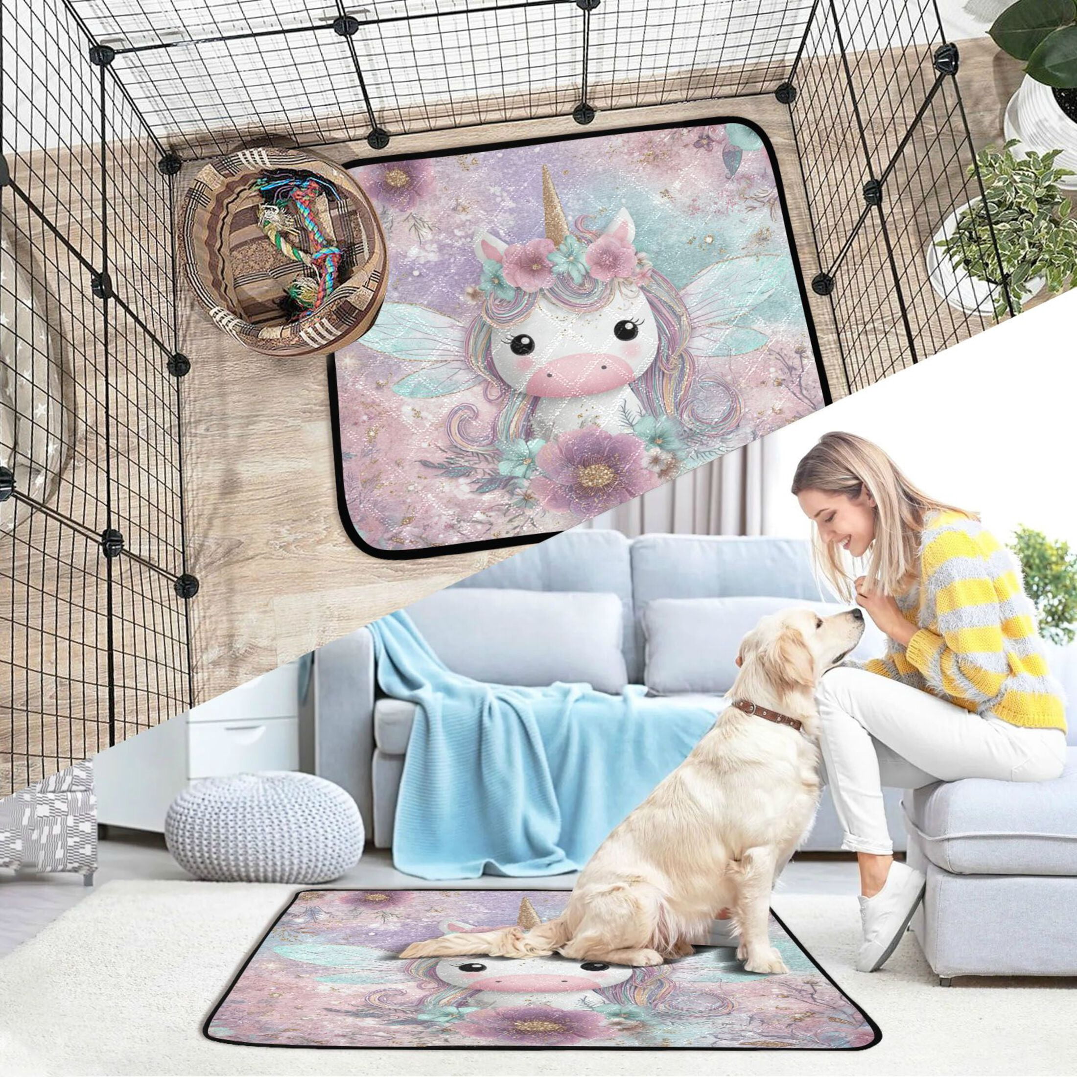 Qxltty Cute Unicorn Cat litter Pads Pet Set of 2 Diaper Mats Center Anti-leakage Layer Absorbent Soft and Comfortable
