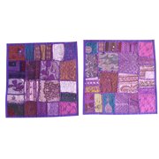 Mogul Ethnic Purple Cushion Cover Patchwork Embroidered Square Decorative Pillow Cases 16" x 16"
