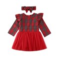 thumbnail image 1 of FOCUSNORM Jupe Bébé Fille Ensemble Imprimé à Carreaux Col Rond Adorable Bandeau Robe en Maille, 1 of 9