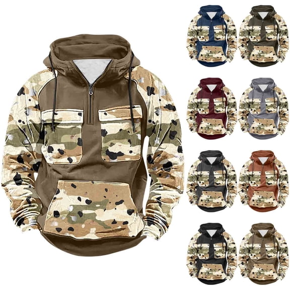 LMOIPLI Camouflage Print Hoodies for Men Military Mens Fleece Lined Quarter Zip Cargo Sweatshirt with Multi Pockets Navy XL