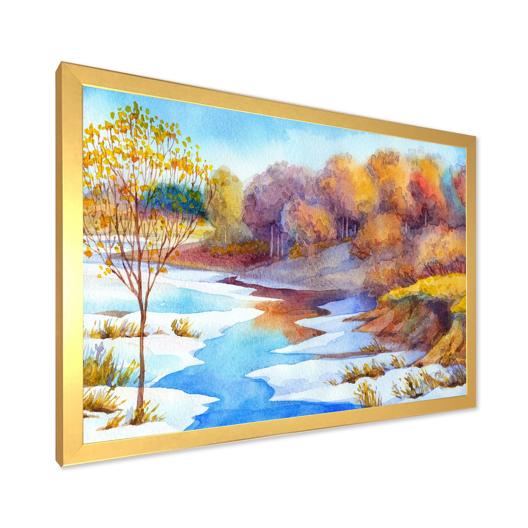 Designart 'Stream Though The Winter Forest Valley' Lake House Framed Art Print