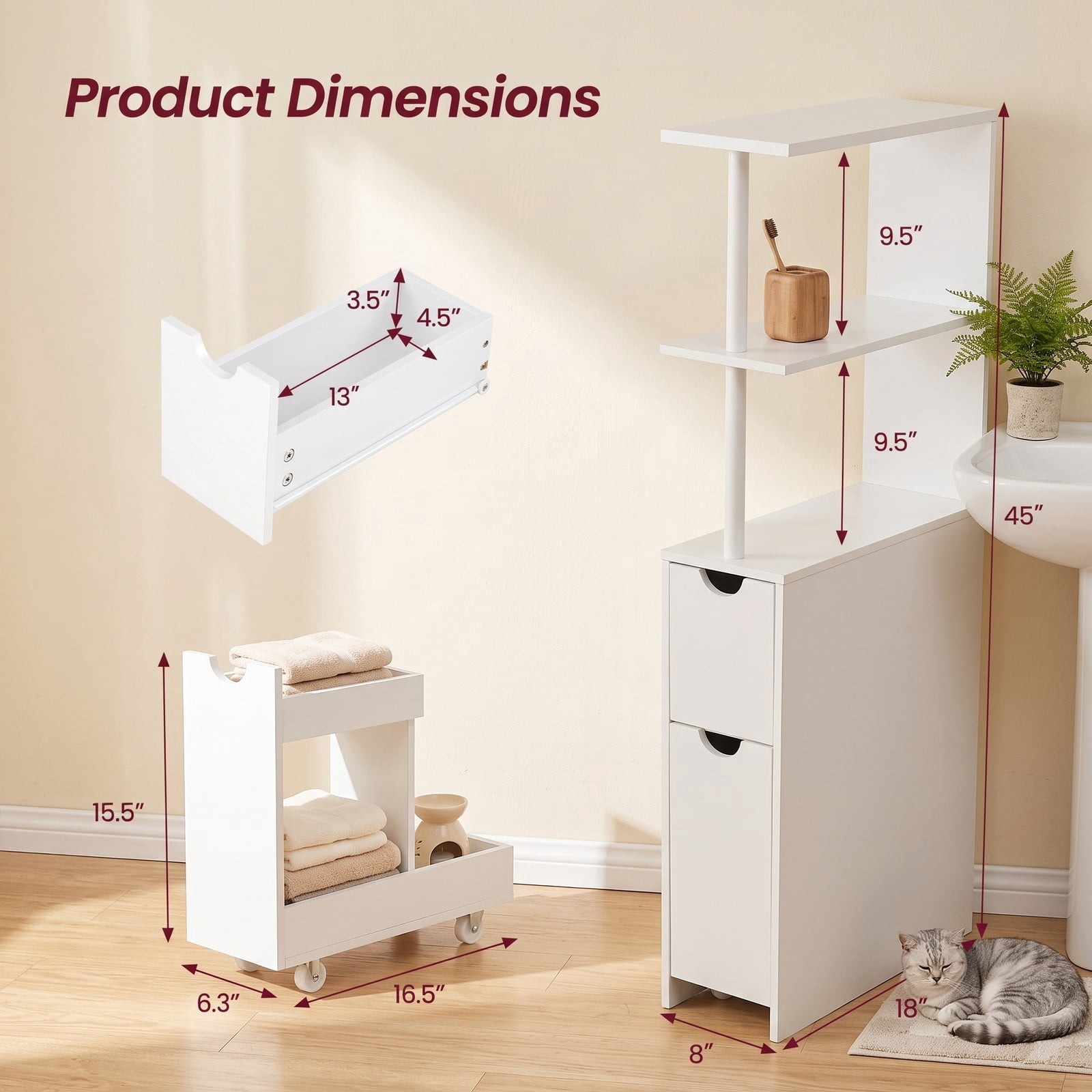 Fenbeli Slim Freestanding Bathroom Storage Cabinet, Narrow Floor Organizer with 3 Open Shelves, Pull-Out Drawer and Rolling Casters for Bathroom Living Room, White