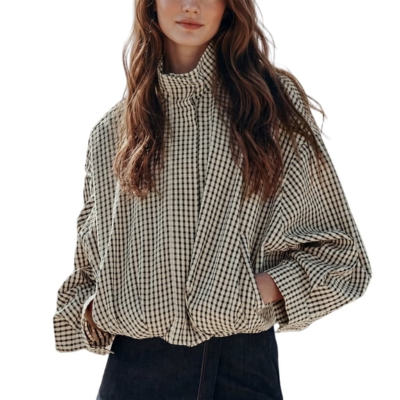 Lentta Womens Cropped Gingham Bomber Jacket Stand Collar Plaid Zip Up Coat with Pockets