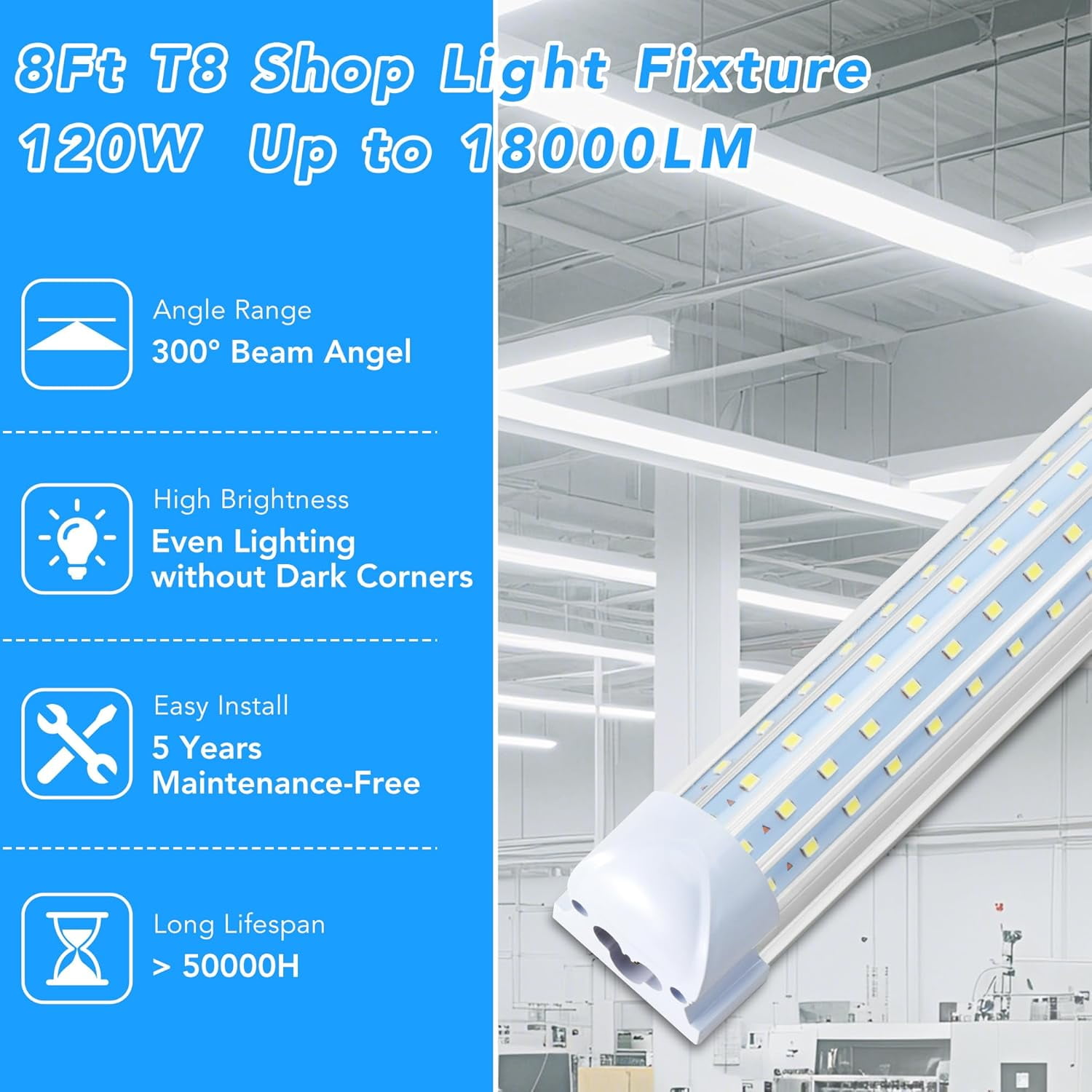 D Shape T8 8ft LED Shop Light Fixture Linkable, 120W 6000K White, 20-Pack D Shape T8 8ft LED Shop Light Fixture Linkable, 120W 6000K White, 20-Pack
