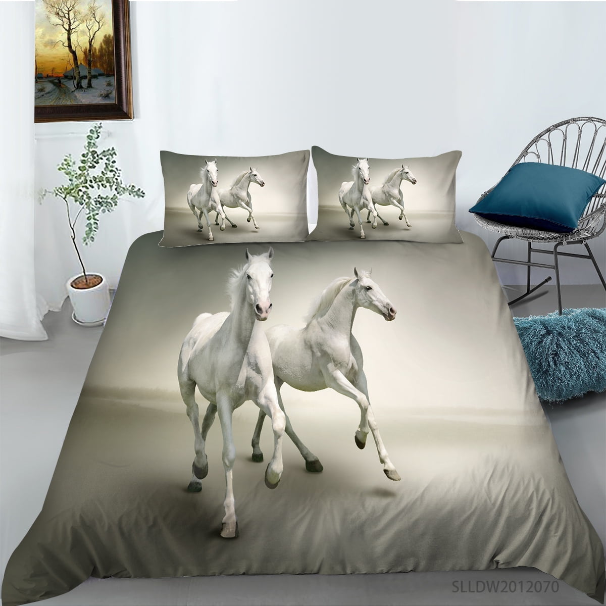 3D Printed Animal Themed Duvet Cover White Horse Print Bedding Set