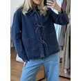 thumbnail image 5 of Michellecmm  Womens Denim Jacket Solid Tie Front Lapel Neck Long Sleeve Jean Tops, 5 of 9