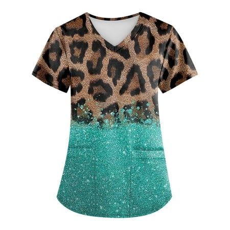 

Strungten Plus Size Retro Leopard Printed Scrub Working Uniform Tops For Women Cross V-Neck Short Sleeve Fun T-Shirts Workwear Tee With Pockets womens tops