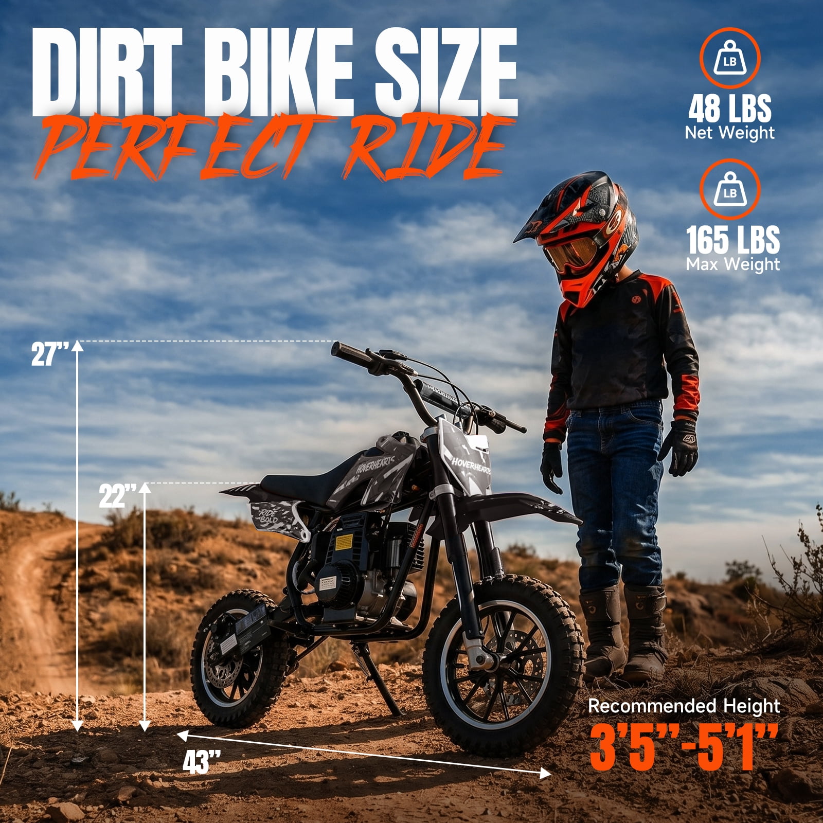 Kids Mini 39CC Gas Dirt Bike, 4 Stroke Ride on Bike with Off-Road Tire, Shocks, Pull Start, Oil Mixed Required, Support Up to 165lbs
