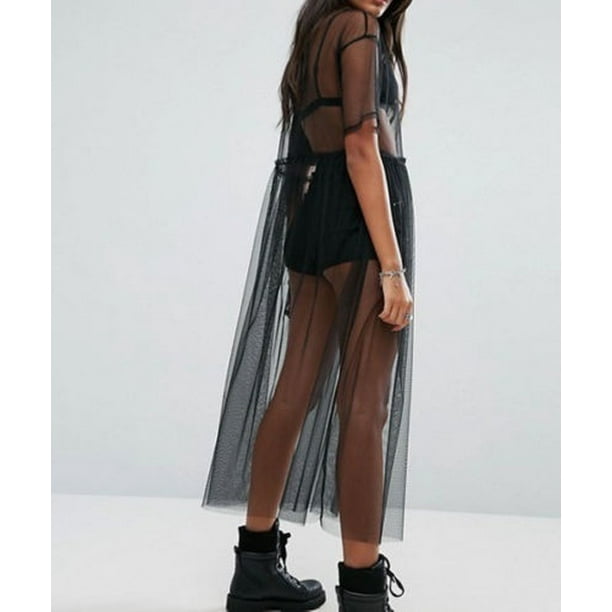 Fashion Women Black Gauze Mesh Midi Dress Sheer Maxi Dress Tulle