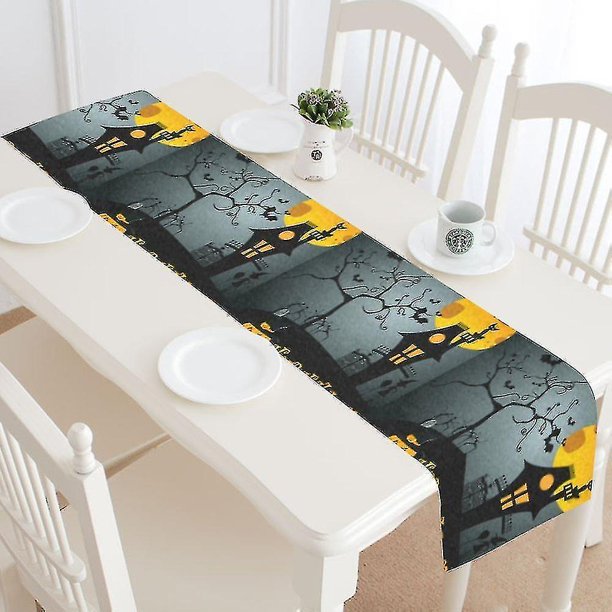 Camino de mesa de noche oscura de Halloween Decoración para el hogar 35x180 cm Camino de mesa de árbol de castillo de calabaza de Halloween para decoración de banquete de banquete de boda, kaili Sencillez