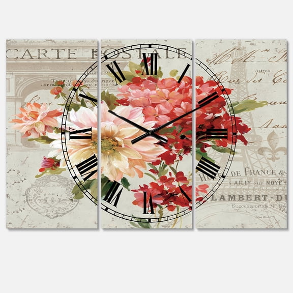 Designart 'Red Painted Flowers on Vintage Postcard I' Traditional Wall Clock