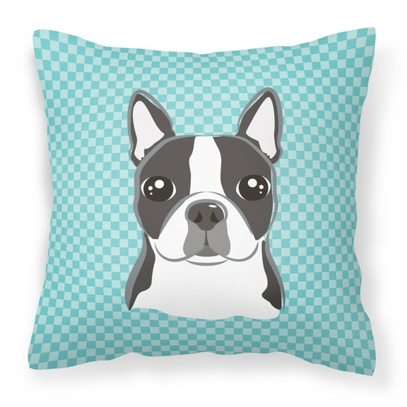 Carolines Treasures BB1141PW1818 Checkerboard Blue Boston Terrier Fabric Decorative Pillow- 18 x 18 In.