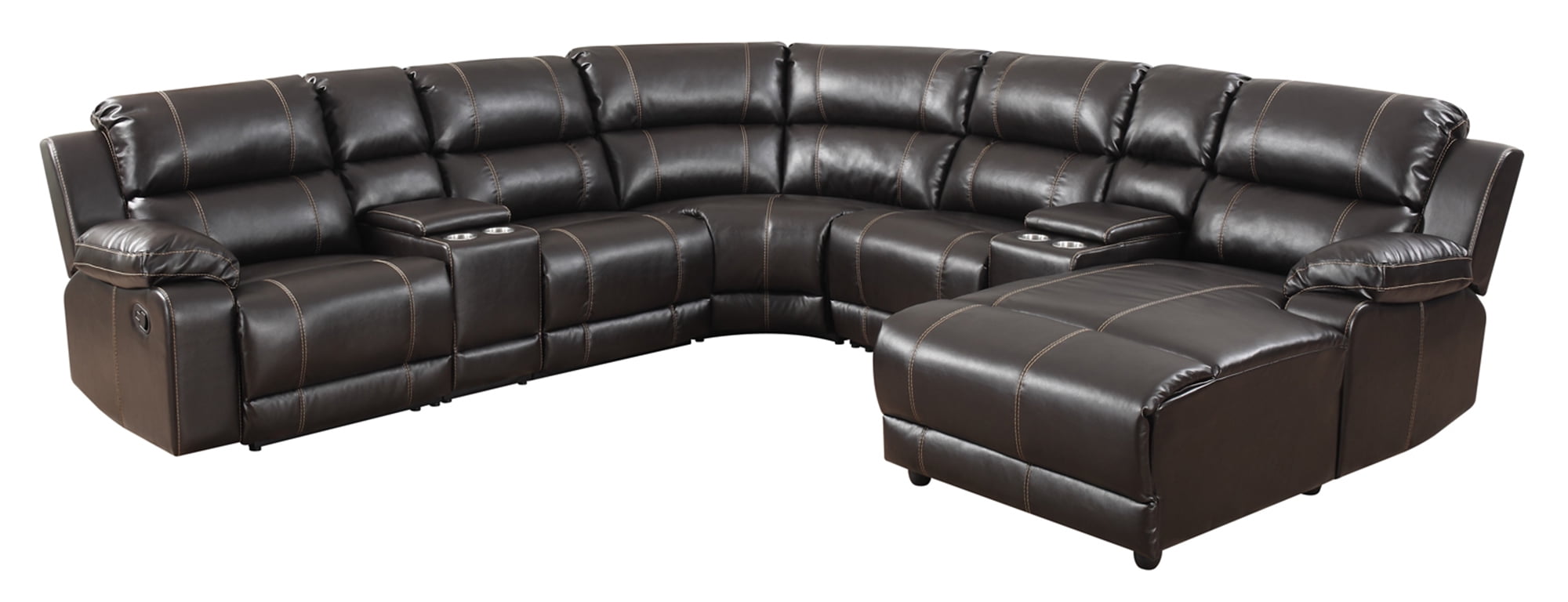 Sectional Sofa Recliner 7pc Set Bonded Leather Bronze Stitching