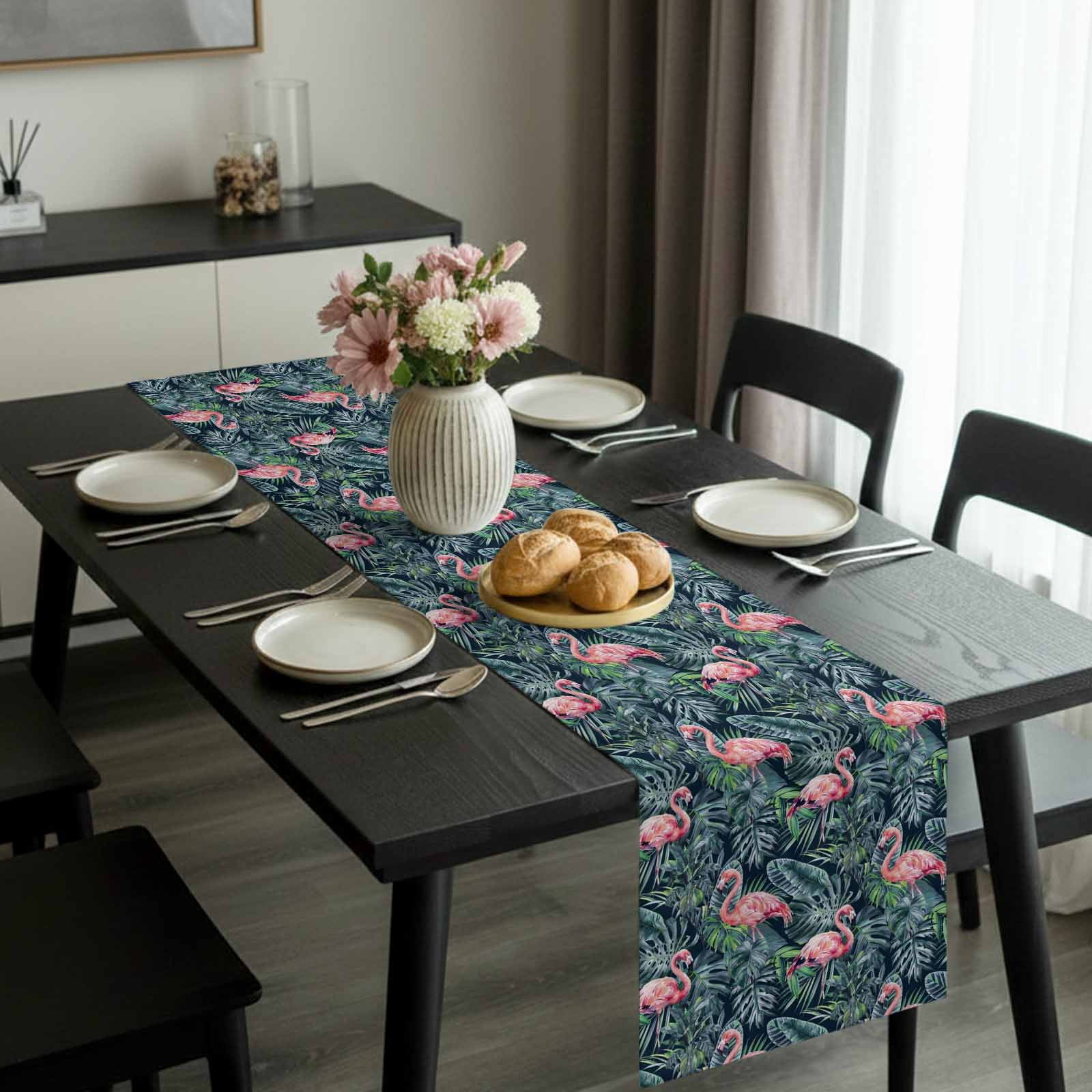 Pink Flamingo Table Runner, Country Tropical Animal Green Monstera Plant Farmhouse Washable Cotton-linen Table Runners Dining Kitchen Decoration for Everyday Home Wedding Party Decor, 13 x 108 Inch