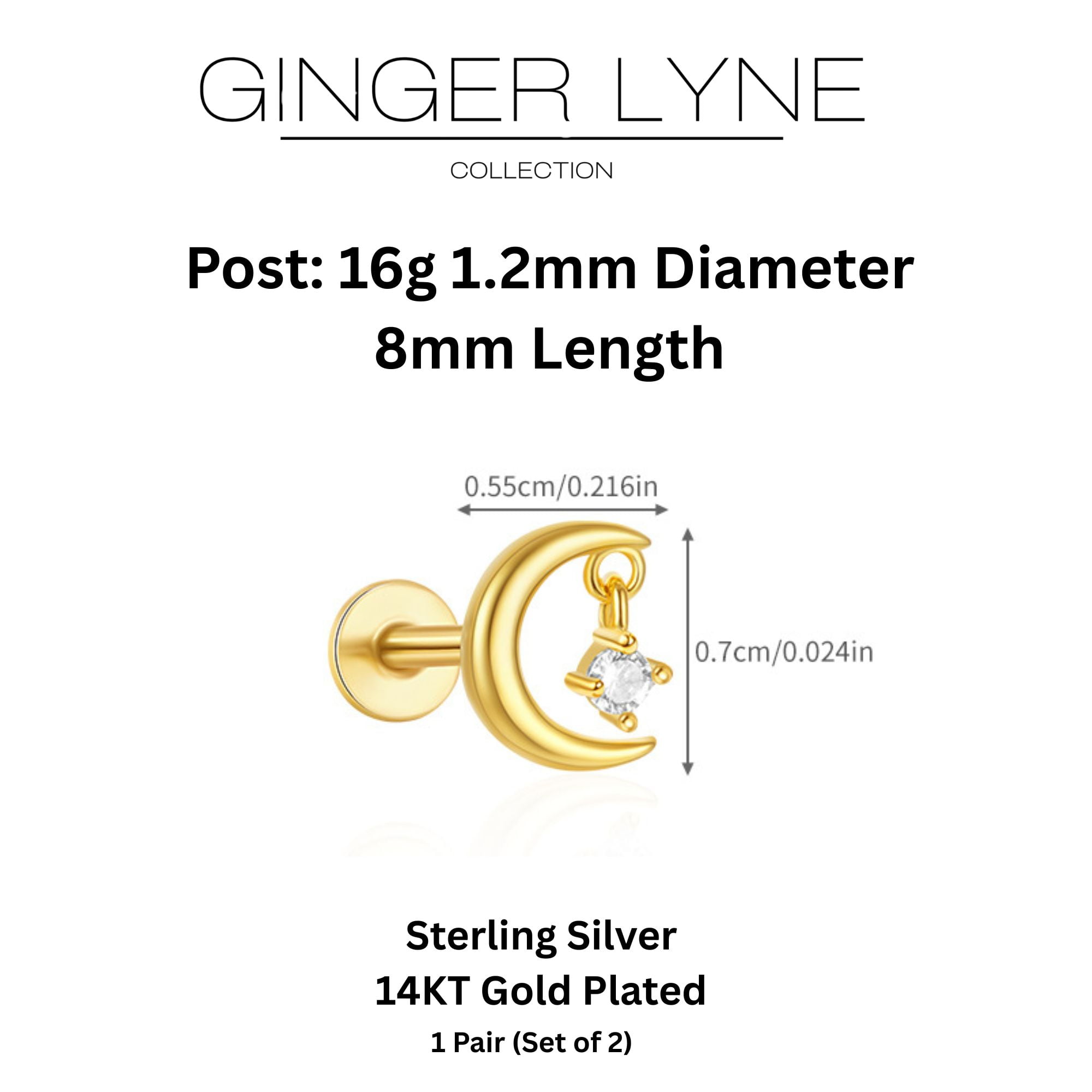 Moon and Star Flat Back Earrings for Women Sterling Silver 16g Cartilage Helix Lobe Body Piercing Stud Ginger Lyne