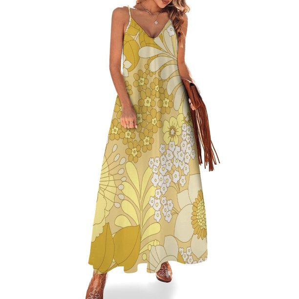 Vestido sin mangas con estampado floral retro en amarillo marfil y marrón Vestido de noche para mujer