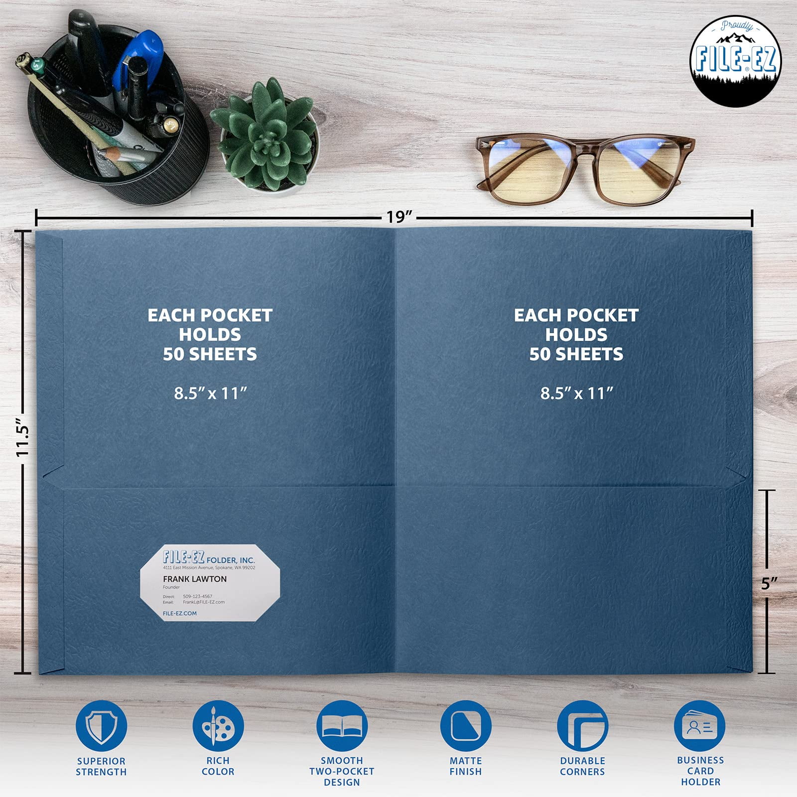 FILE-EZ Two-Pocket Folders, Dark Blue, 125-Pack, Textured Paper, Letter Size (EZ-52423)