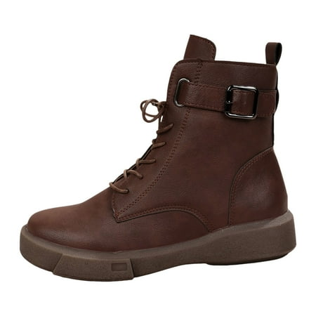 

ZMHEGW Boots for Women Large British Style Short Sleeved Autumn Lace Up Belt Buckle Retro Leather Boots Shoes