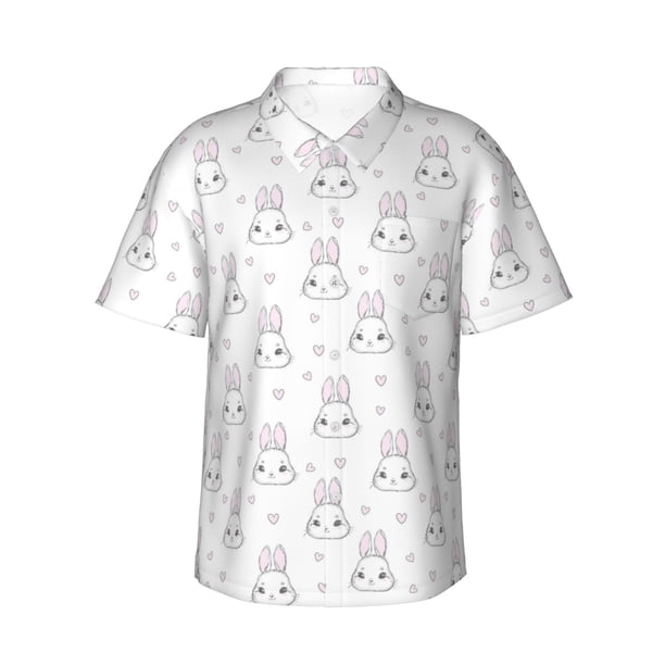 Fotbe Heart Rabbit Camisa Hawaiana para Hombre Unisex – Camisa Casual de Verano con Botones de Manga Corta de Algodón y Lino,Large