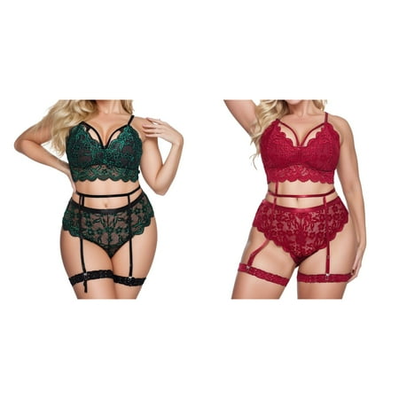 2-Pack Plus Size Lingerie Set For Women Floral Lace Scallop Trim Garter Lingerie Set High Waist Lace Bra Panties Set plus Size Lace Lingerie Set Lace up Corset Lingerie Set for Women Men Briefs Full