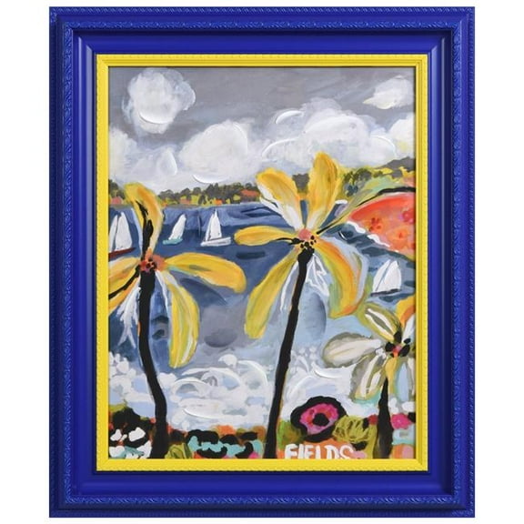 "Tropical Palm" Chromatic Hand Painted Embellished Giclee Landscape Canvas Wall Art with Baroque Two-Tone Frame