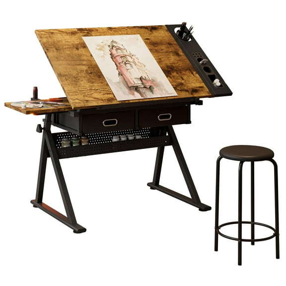 Adjustable Drafting Table with Stool, Rustic Brown Wood, 2 Drawers, 0-75° Tiltable Top