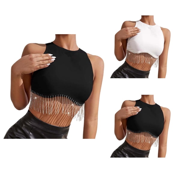 Sparkly Fringe Rhinestone Tops for Women Glitter Tassel Sleeveless Raceback Crop Tank Tops