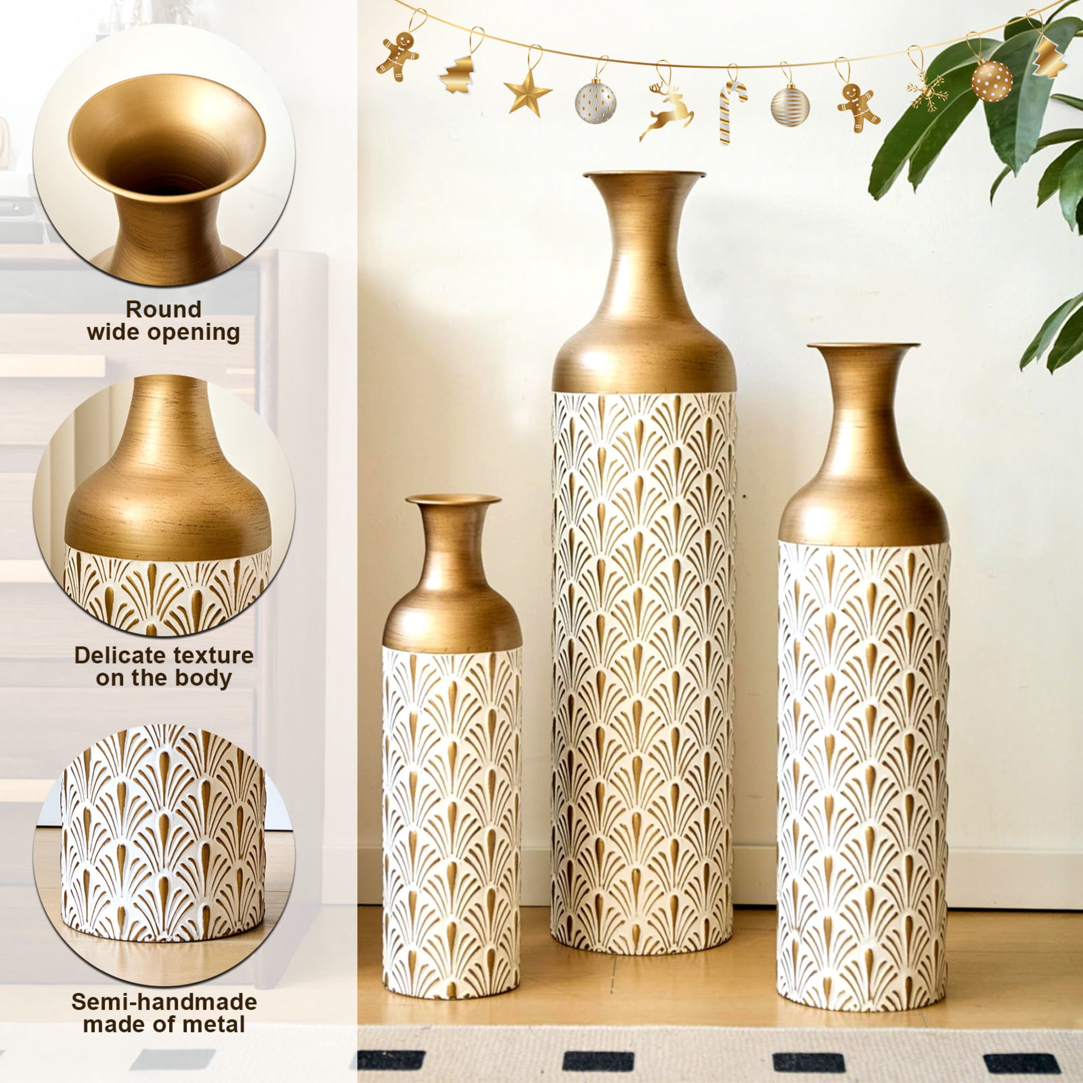 Noble House 3-Piece Metal Floor Vase Set, Decorative Vases with Fan Pattern, Antique Brass + White