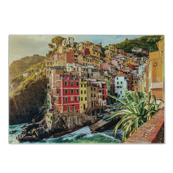 Italy Cutting Board, Riomaggiore at Sunset Cinque Terre National Park Cliff and Coast Scenic Panorama, Decorative Tempered Glass Cutting and Serving Board, Small Size, Multicolor, by Ambesonne