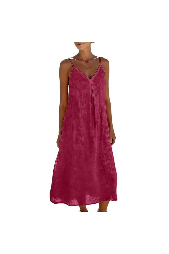 Women's Cotton Linen Midi Dress Summer V-Neck Cami Sundress Boho Flowy Loose Shift Dress Beach Cover Up