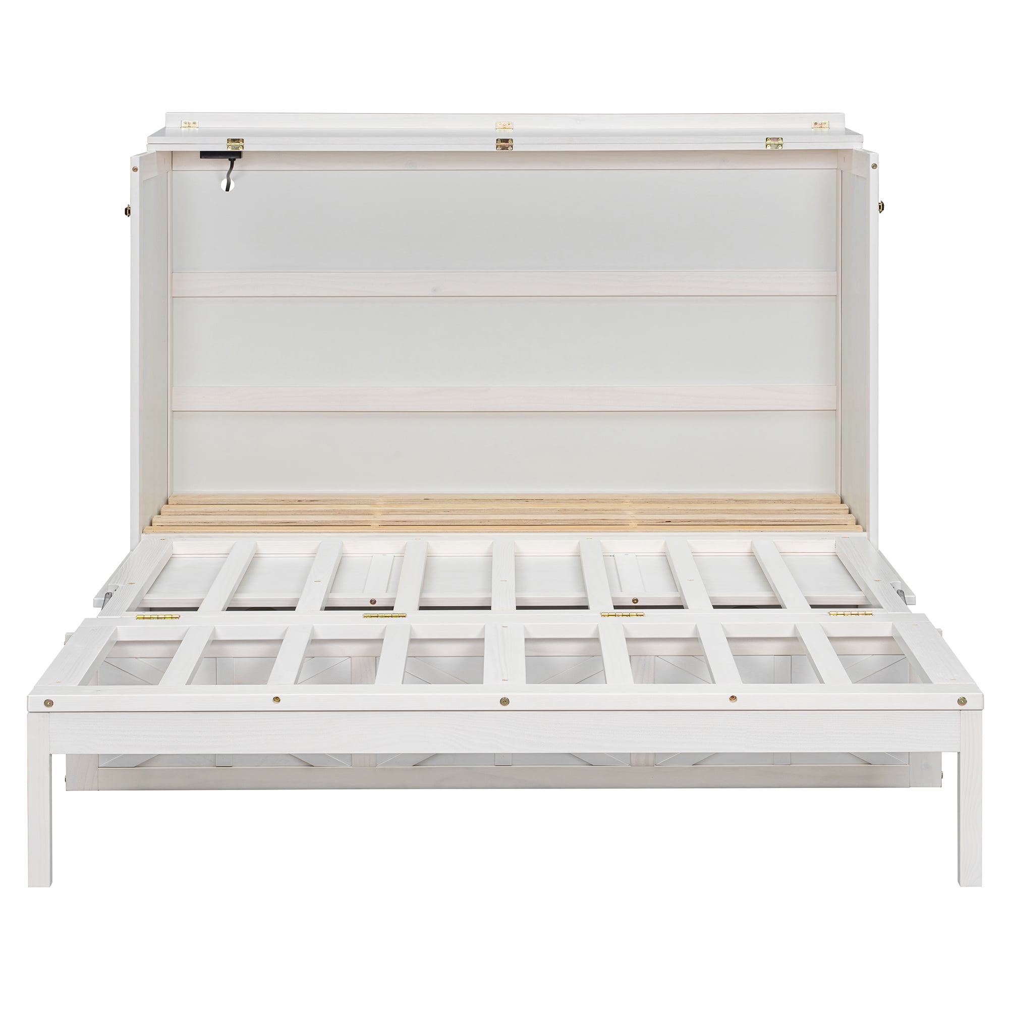 Mintazer Queen Size Murphy Bed with Charge Station & 3 Storage Drawers, Farmhouse Geometric Pattern Foldable Cabinet Wall Bed for Guest Room Small Apartment, White