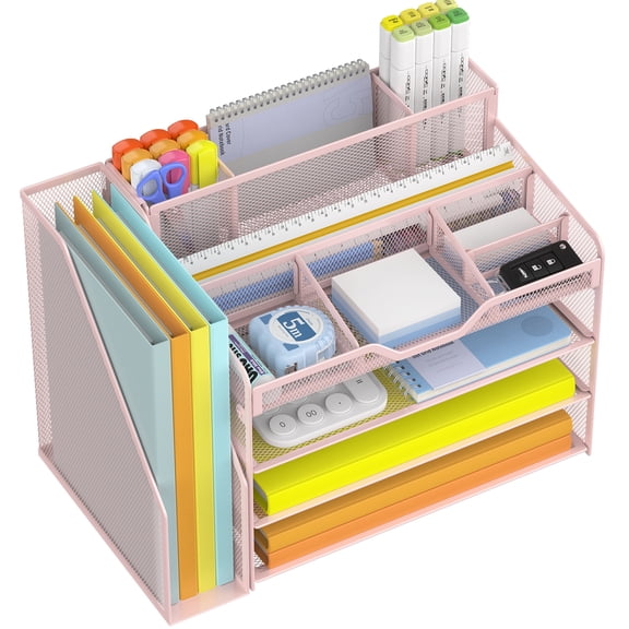 YINGHUA 4 Tier Mesh Desk Organizer with Letter Tray & Paper Sorter, Pink | Features 3 built-in pen holders & 5 adjustable compartments on top. Includes 4 non-slip rubber feet for desk protection