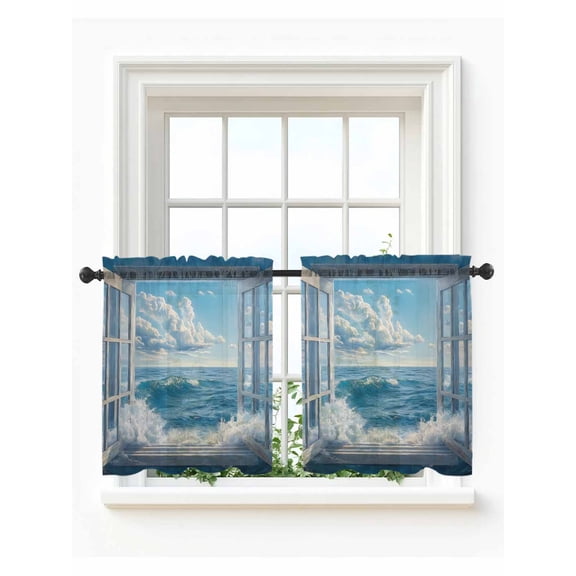 Coastal Tier Curtains 24 Inch Length, Sheer Curtains for Bedroom Living Room Window Window Nautical Beach Blue Seaside Rod Pocket Voile Drapes Kitchen Curtains Small Half Window 27.5"x24" 2 Panels