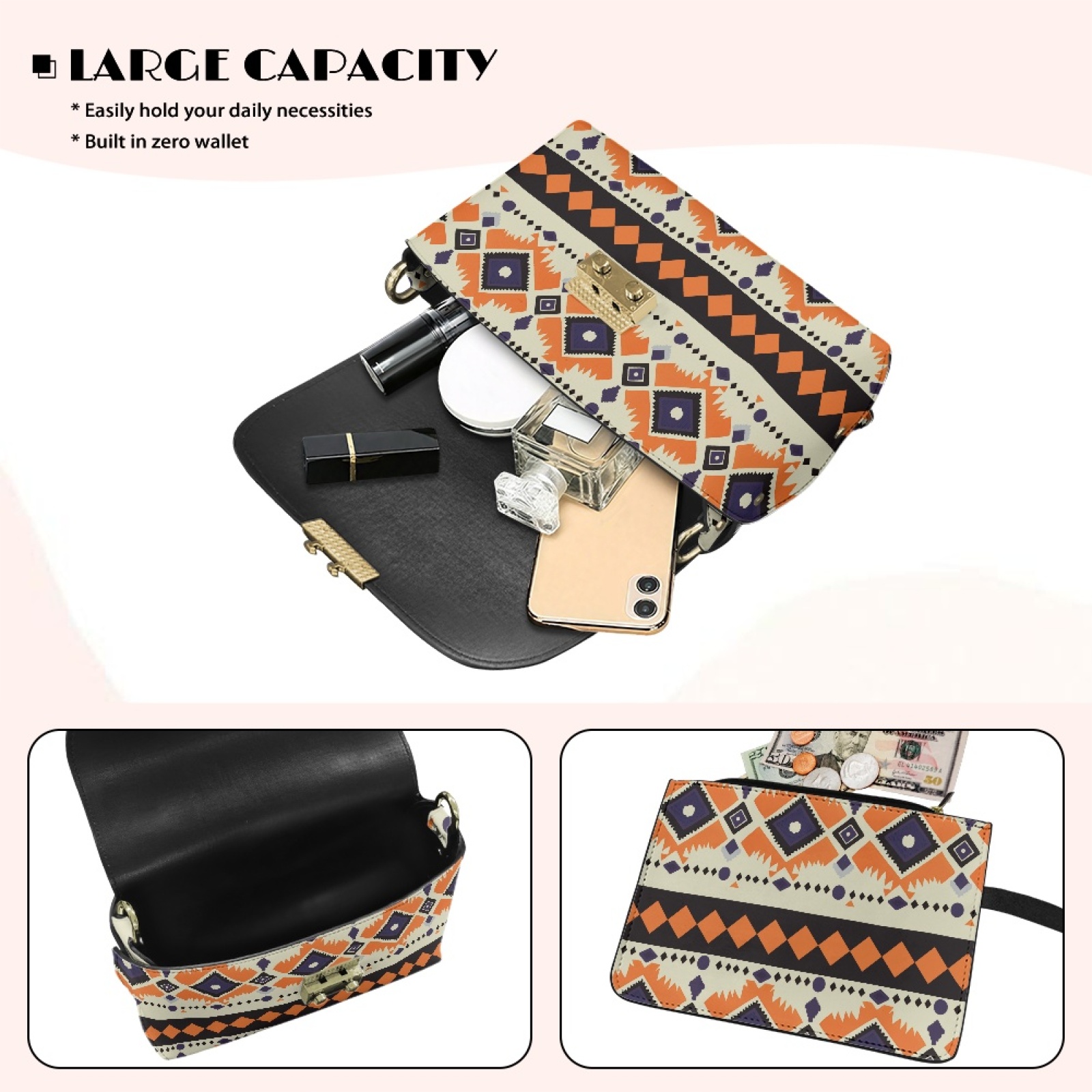 SCRAWLGOD American Tribal Orange Black Leather Quilted Crossbody Bags for Women Minimalist Purses for Women Crossbody Bag with Detachable Chain Handbags for Travel