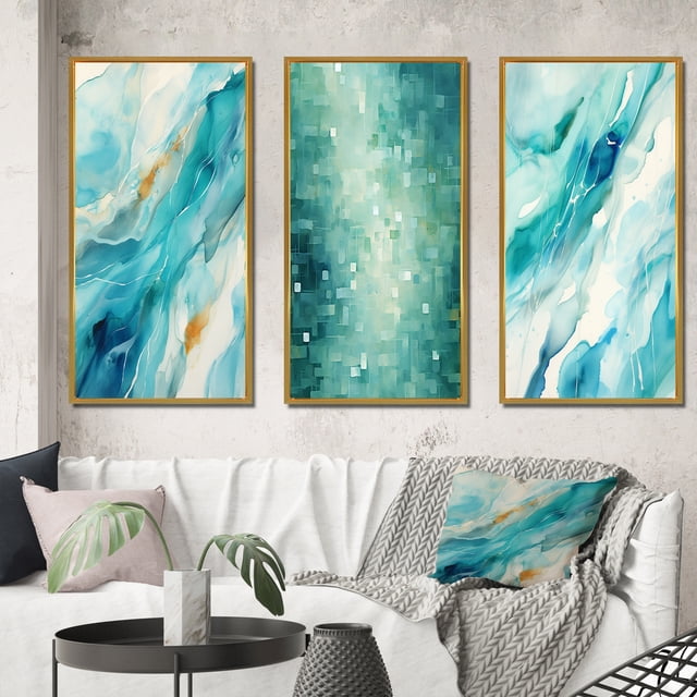Designart "Turquoise Impressions Waves of Infinity VII" Abstract Painting Framed Wall Art Set Of 3 - Turquoise Modern Frame Gallery Set For Office Decor