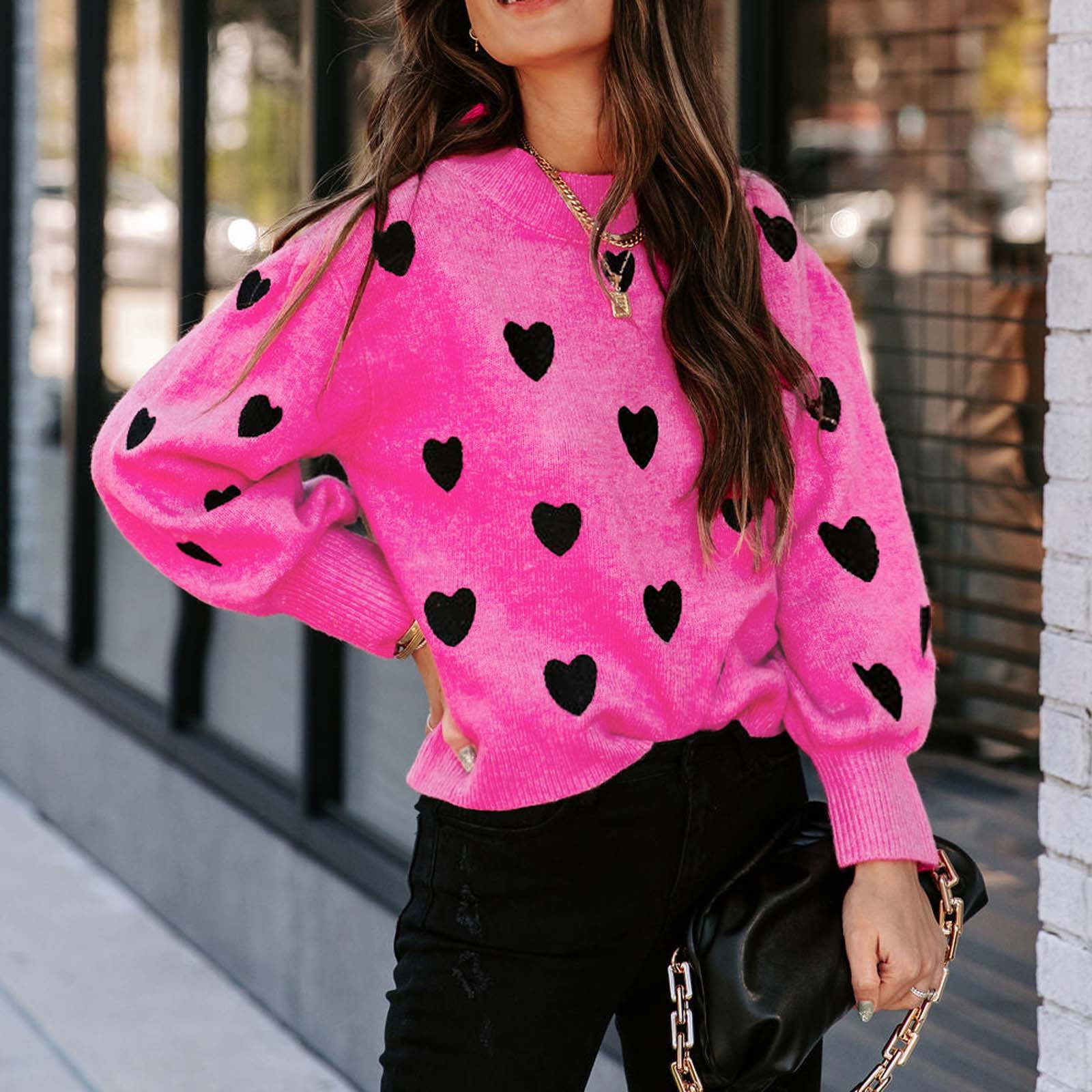 HAPIMO Discount Womens Cute Heart Sweater Fall Fashion Round Neck Long  Sleeve Pullover Casual Knit Ribbed Loose Fit Sweaters Teen Girls Clothes  Hot Pink S 