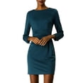 thumbnail image 3 of Vestido Lápiz Allegra K por Encima de la Rodilla Cuello Redondo cintura fruncida Mangas 3/4 para Mujeres Verde Azulado Oscuro XL, 3 of 6