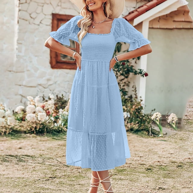 Fankiway Robe d'Été Unie en Chiffon Col Carré Ajustée à la Taille Robe Longue Robes Grande Taille pour Femmes Courbes Robes de Printemps pour Femmes 9051