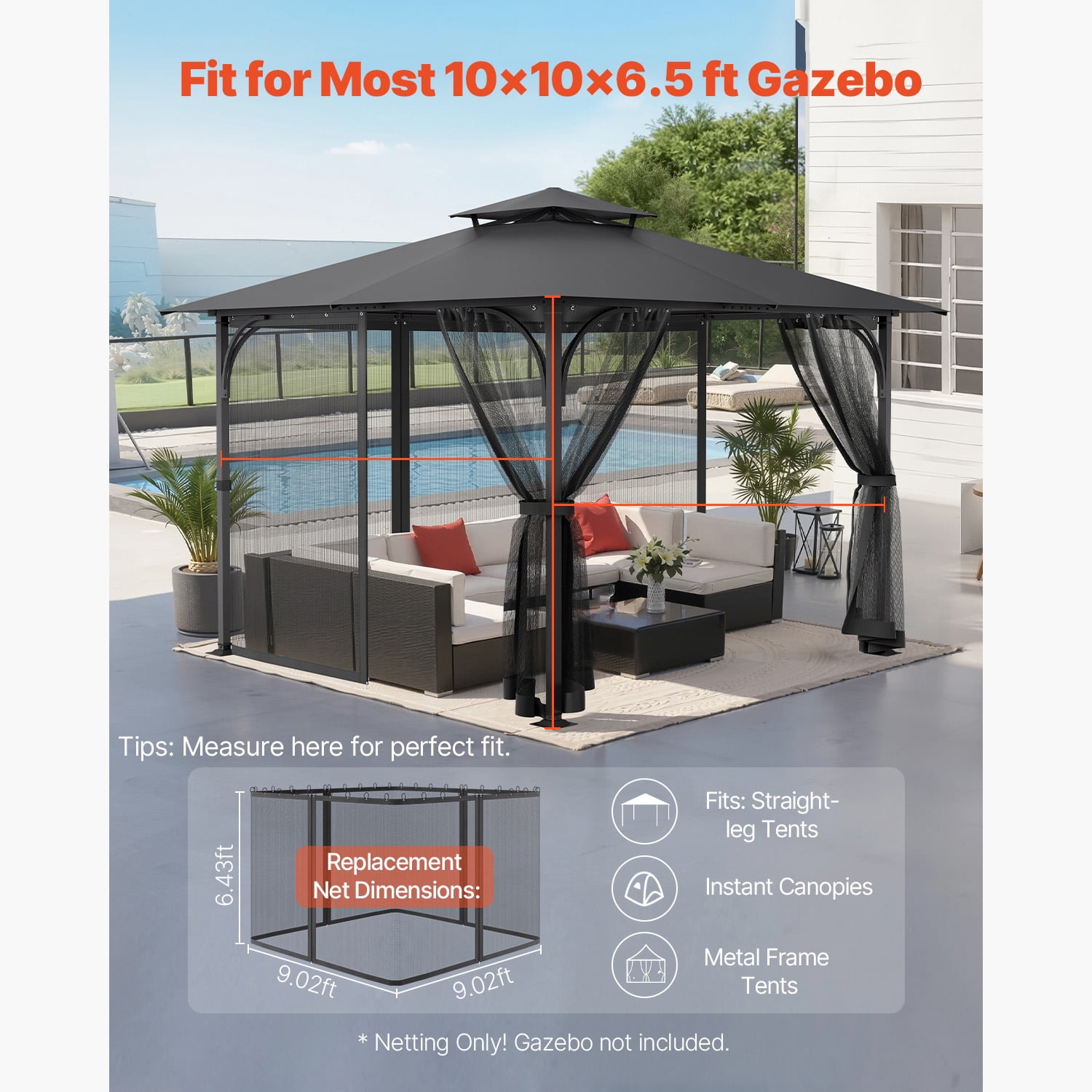 KFFKFF Gazebo Netting Replacement, Compatible with Most 10 x 10 x 6.5 FT Gazebos, Outdoor Mesh Curtain with 4 Panels, Patio Sidewall Netting with Double Zippers, Canopy Screen for Insect Protection