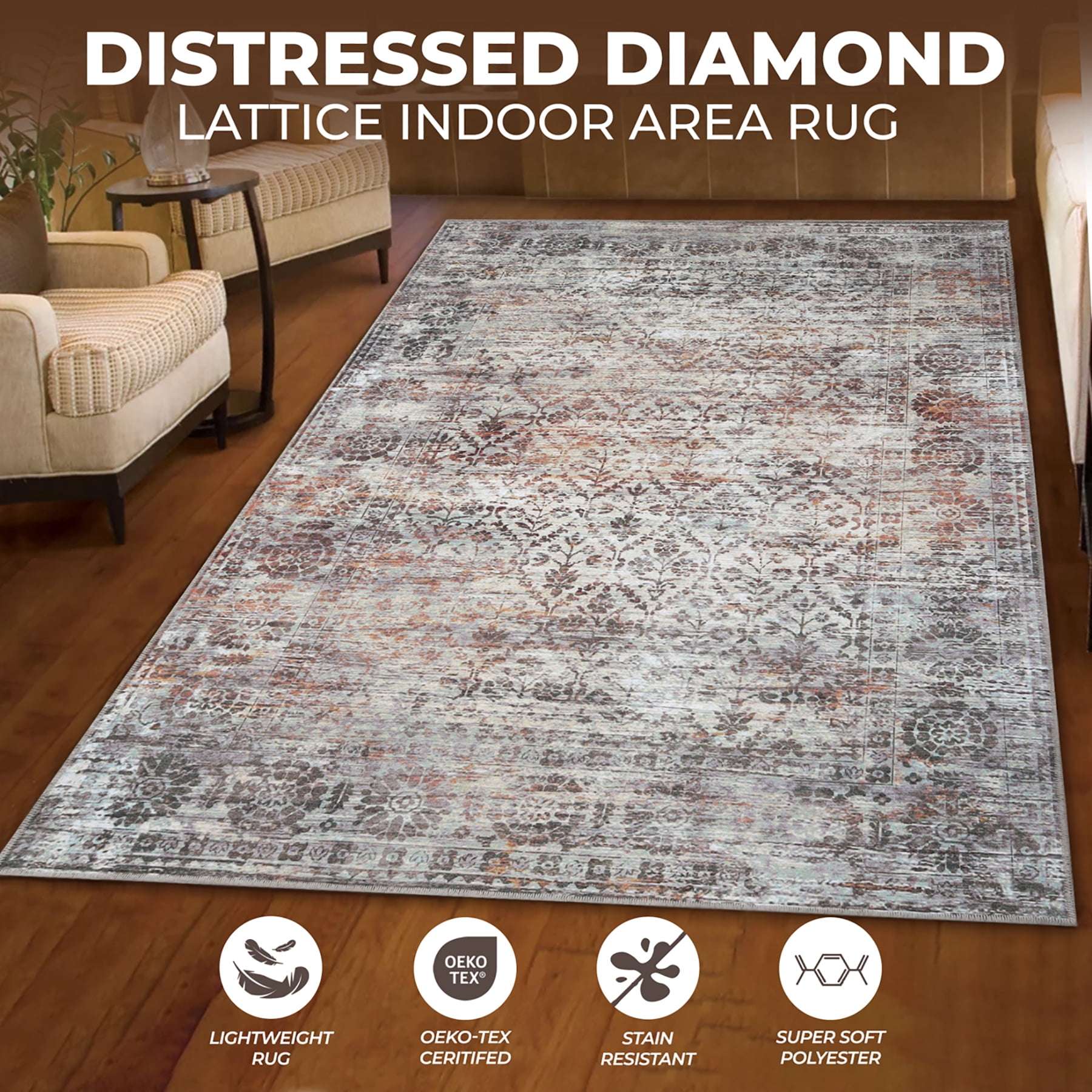 Superior Macaw Lattice Non-Slip Washable Indoor Area Rug, 6' x 9', Cream
