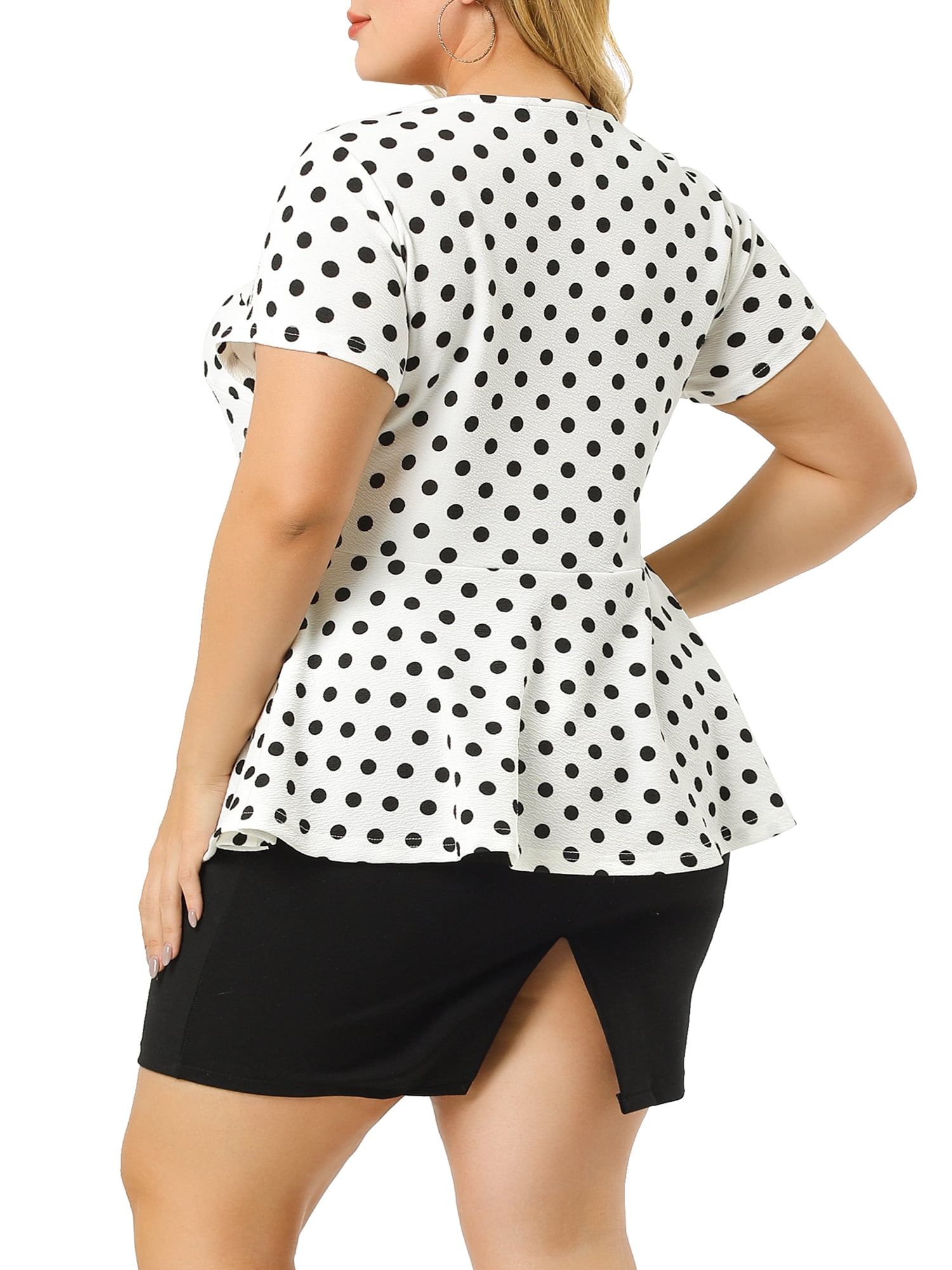 Unique Bargains Women's Plus Size Short Sleeves Polka Dots Outfits Fashion Peplum Blouse